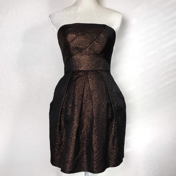 Shoshanna Bronze Shimmer Strapless Evening Dress with Pockets Size 0 - Picture 3 of 9